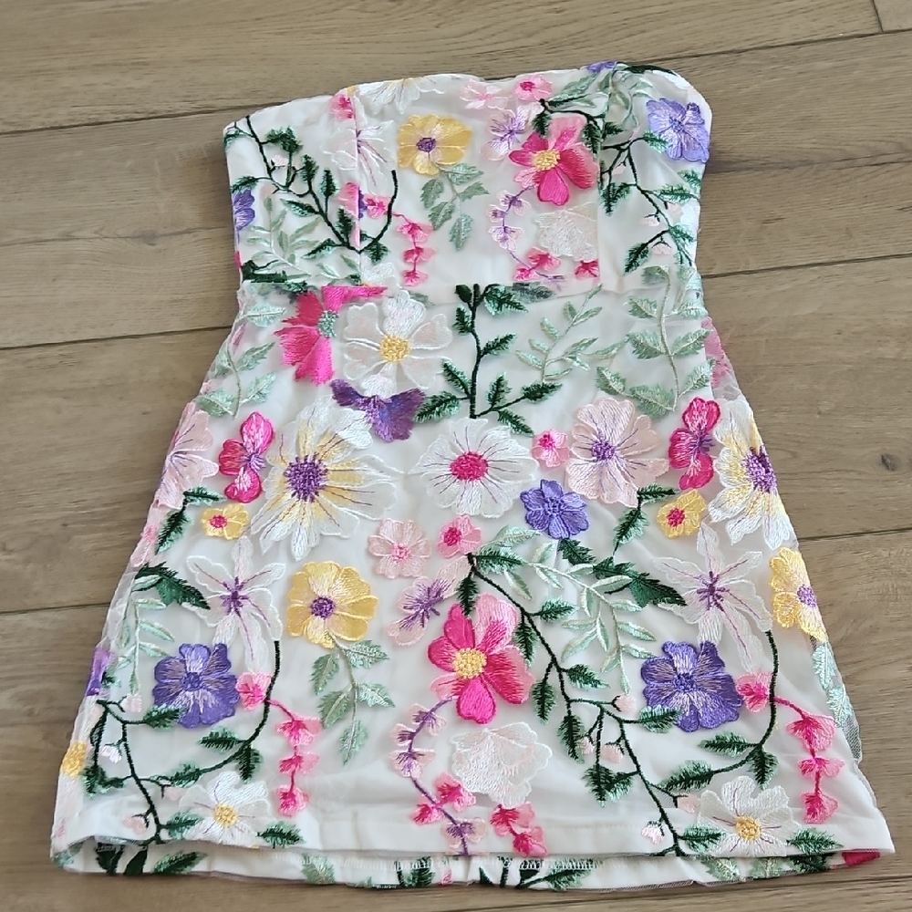Strapless Floral Embroidered Mini Dress